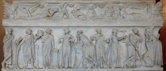 Sarcophagus known as the "Muses Sarcophagus", representing the nine Muses and their attributes. Marble, first half of the 2nd century AD, found by the Via Ostiense.